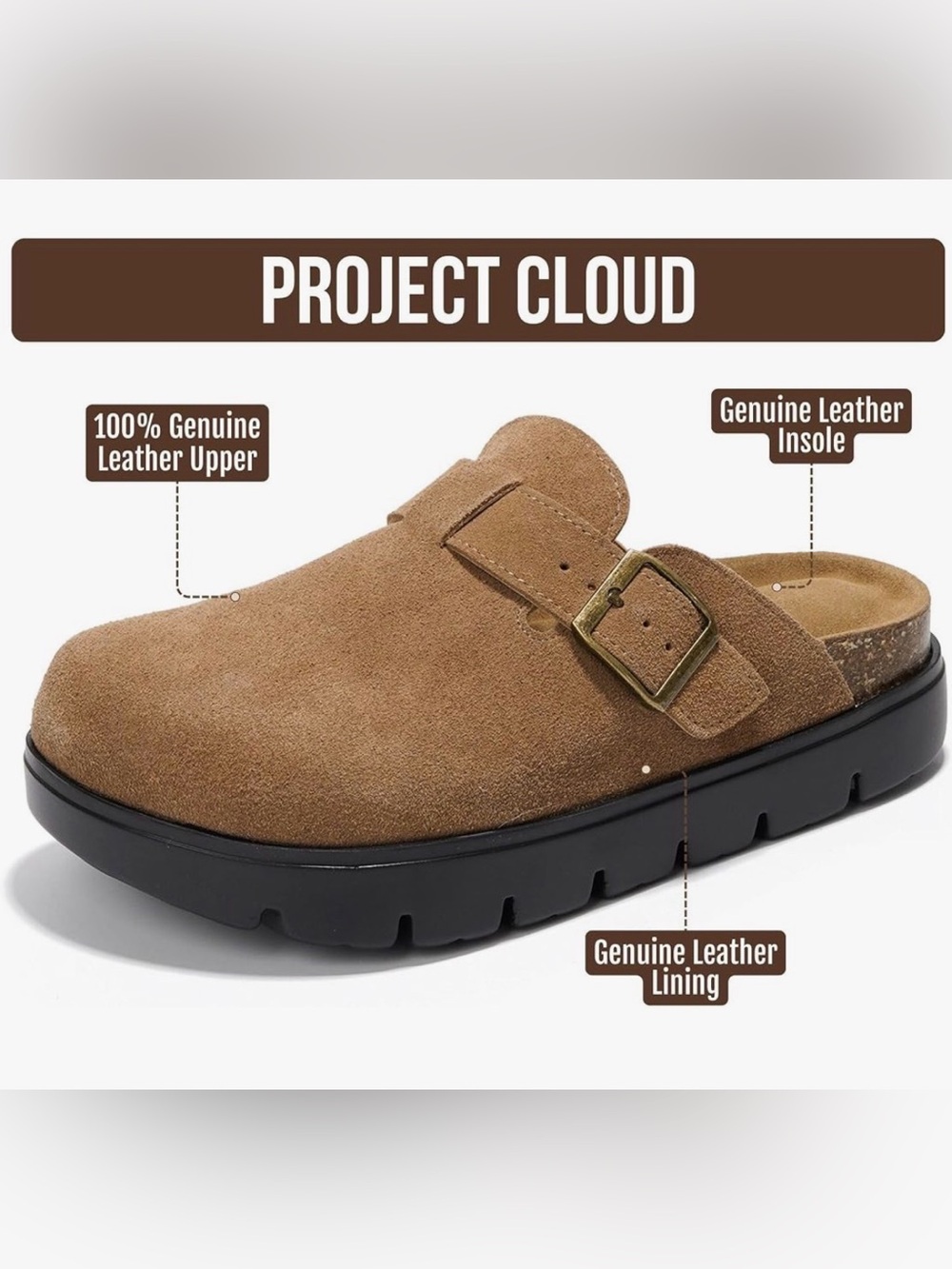 Project Cloud-Benton Chunky Brown Leather Clog Buckle Adjustable Strap size-10 - Picture 2 of 4